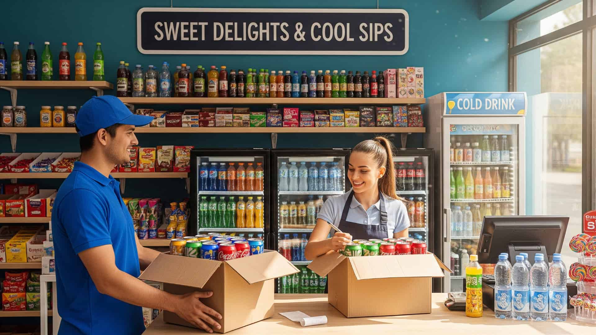 a delivery of cooldrinks being made by the front desk of a sweet shop